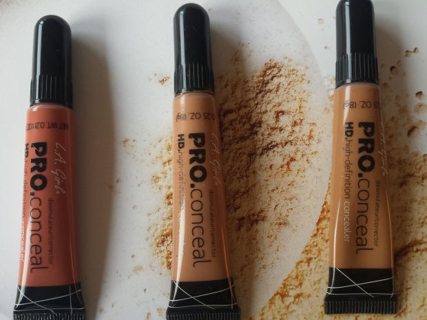 From left to right: L.A. Girl PRO Corrector in Orange and L.A Girl Pro Conceal HD High Definition Concealers in Warm Honey and Fawn