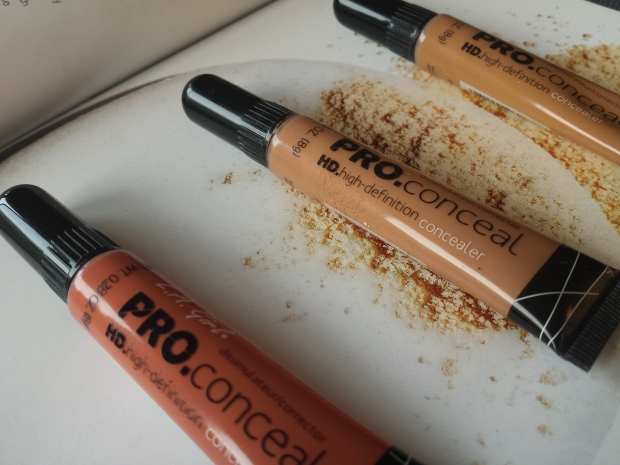 From left to right: L.A. Girl PRO Corrector in Orange and L.A Girl Pro Conceal HD High Definition Concealers in Warm Honey and Fawn