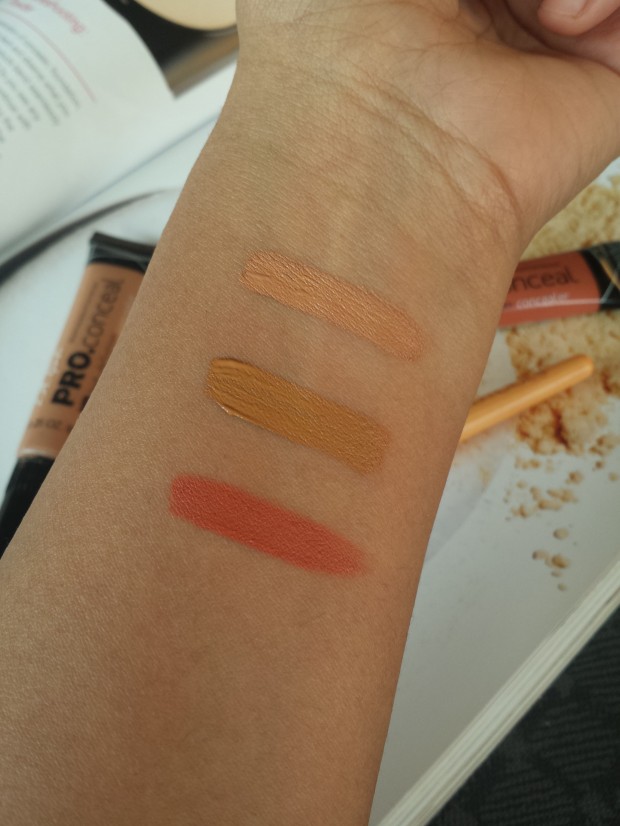 Swatches from left to right: L.A. Girl PRO Corrector in Orange and L.A Girl Pro Conceal HD High Definition Concealers in Fawn and Warm Honey
